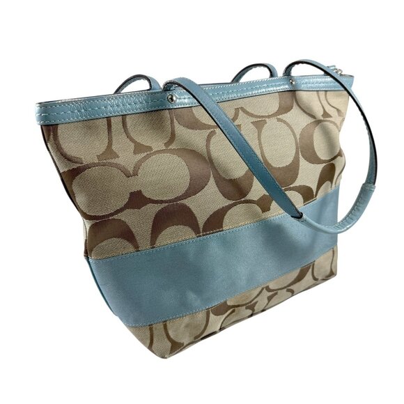 Coach Signature Stripe Purse Tote Shoulder Bag Khaki & Powder Blue F13548 - Picture 6 of 10